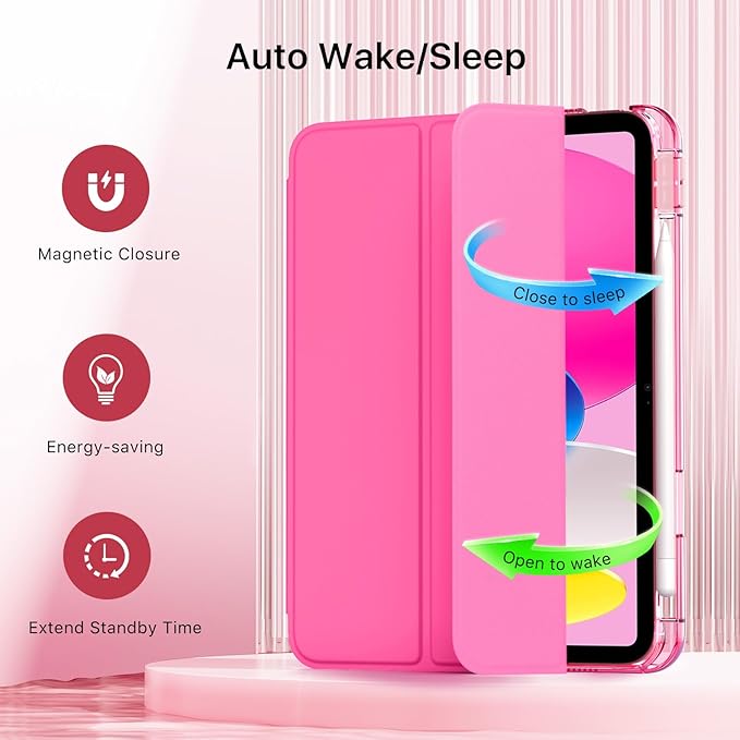 MoKo for iPad (A16) 11th Generation Case 11 Inch 2025, iPad 10th Gen Case 10.9 Inch 2022 with Pencil Holder, Slim Light Trifold Protective Cover with Hard PC Translucent Back Shell, Persian Pink