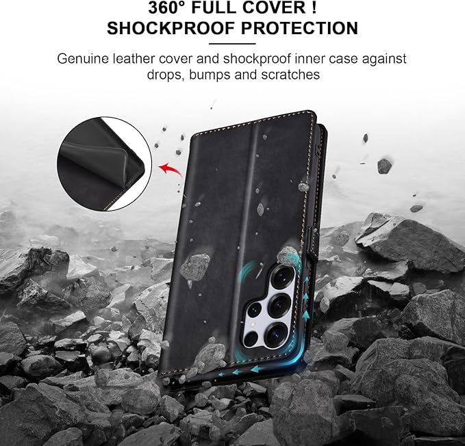 Jasonyu Flip Wallet Case for Samsung Galaxy S25 Ultra 5G,Leather Magnetic Folio Cover with Card Holder,Kickstand - TPU Shockproof Durable Protective Phone Case,Black