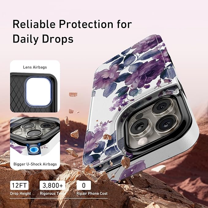 FUNMIKO for iPhone 13 Pro Max Wallet Case with Card Holder, RFID-Blocking, Military-Grade Protection & UV-Printed Artwork, Magnetic Closure with Leather Kickstand - Elegant Purple Floral