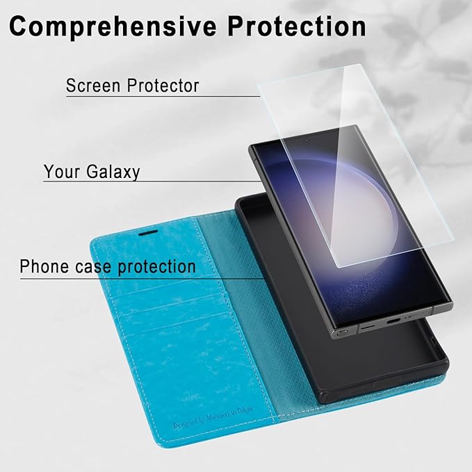 MONASAY Wallet Case Compatible for Galaxy S23 Ultra 5G,[RFID Blocking] Flip Folio Leather Cell Phone Cover with Credit Card Holder, 6.8 inch, Light Blue