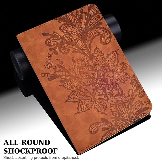 Case for Lenovo Tab M9 9 inch (TB-310FU), Embossed Lace PU Leather Flip Folio Protective Tablet Case with Elastic Band Card Slots Pen Holder, Multi-Angle Viewing Stand Cover - Brown