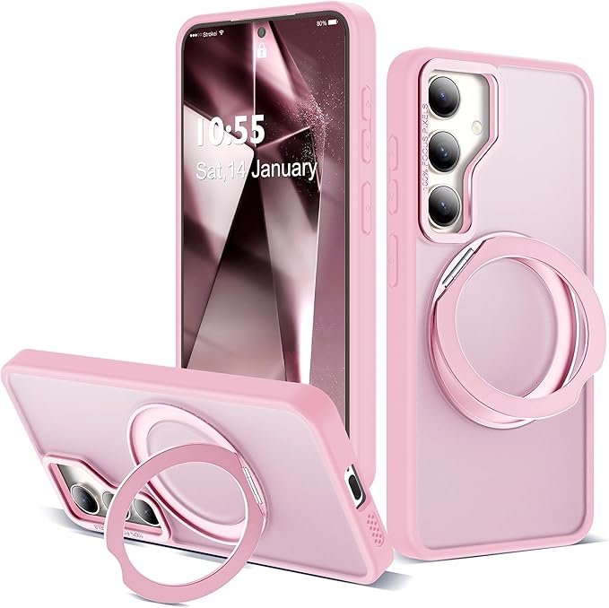 Compatible with Samsung Galaxy S24 Case with 360Rotatable Magnetic Ring Stand Compatible with Mag-Safe Military Protection Shockproof Translucent Phone Case for S24 6.2",Pink