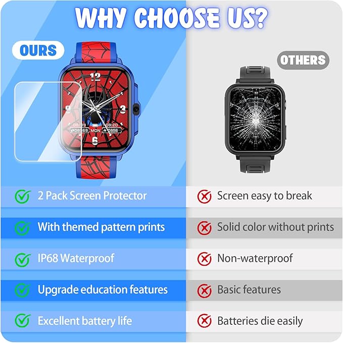 Smart Watch for Kids, 1.85" Fitness Tracker,Learning games,Sports,Sleep Monitor,Camera,Videos,Alarm Play Music Flashlight Pedometer Stopwatch Pedometer IP68 Waterproof Toys Gift for Boys and Girls