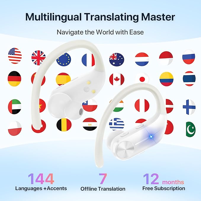 AI Translation Earbuds Real-Time : 144 Languages, Offline Mode, Noise Canceling, 60 Hours Battery - Seamless Translator Headphones for Travel Business Learning, iOS & Android Support