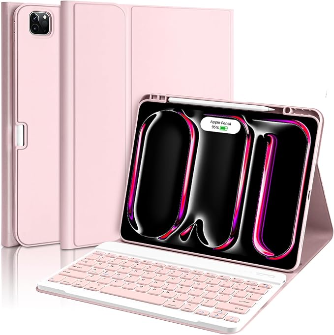 aMZCaSE for iPad Pro 13 inch Case with Keyboard, Keyboard Case for iPad Pro 13 with Bluetooth Detachable Smart Sleep/Wake Cover & Pencil Holder for M4 13 inch, Light Pink