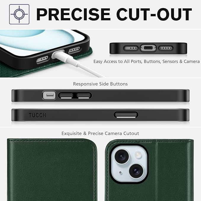 TUCCH Wallet Case for iPhone 15 6.1", Kickstand PU Leather Flip Folio Book Case with 3 Credit Card Holder RFID Blocking [Shockproof TPU Interior Case] Compatible with iPhone 15 5G 2023, Dark Green
