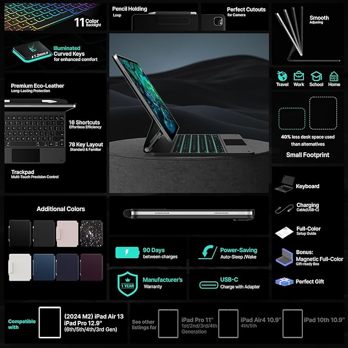 typecase Keyboard Case for iPad Air 13(M3 2025 / M2 2024) and iPad Pro 12.9 (6th, 5th, 4th, 3rd Gen),Magic Keyboard for iPad Pro 12.9,Keyboard Case with Multi-Touch Trackpad, 11 Colors Backlight,Black