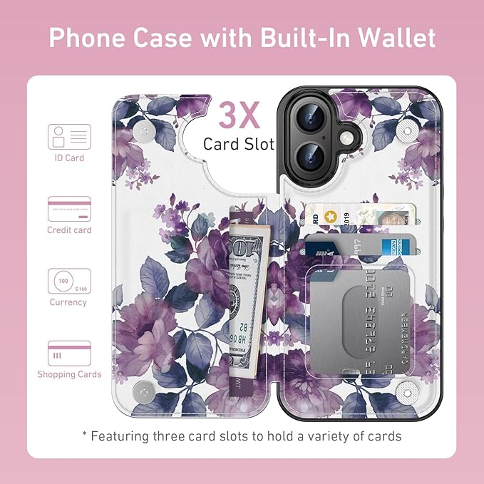 FUNMIKO for iPhone 16 Wallet Case with Card Holder, RFID-Blocking, Military-Grade Protection & UV-Printed Artwork, Magnetic Closure with Leather Kickstand - Elegant Purple Floral