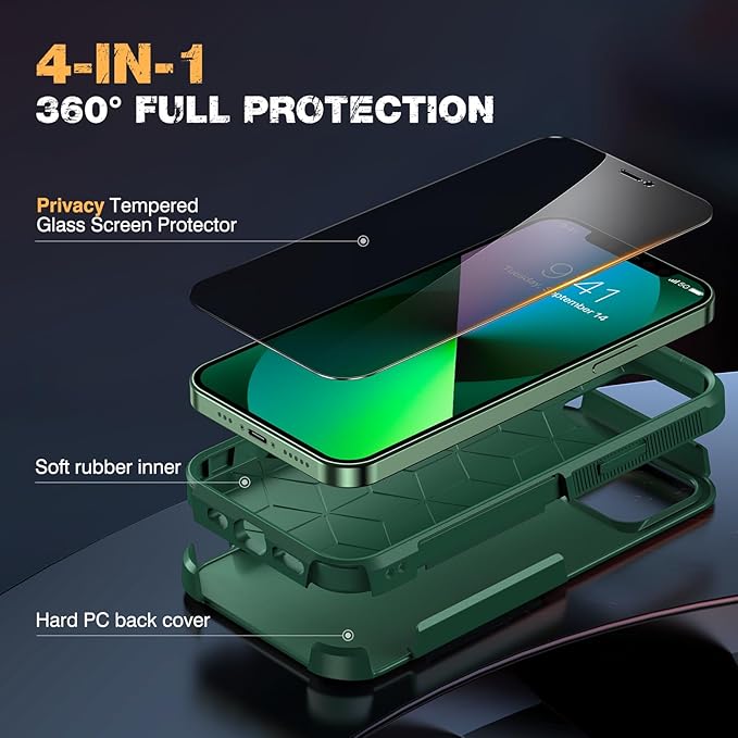 Diaclara Designed for iPhone 13 Case, [with Privacy Screen Protector] [Anti Spy] [Military Grade Drop Protection] Heavy Duty Full-Body Shockproof Phone Case, Green