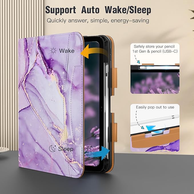MoKo for iPad (A16) 11th Generation Case 11 inch 2025, iPad 10th Generation Case 10.9" 2022 with Pencil Holder & Pocket, Premium Leather Folio Stand Cover, Multiple Viewing Angles, Purple Gold Marble