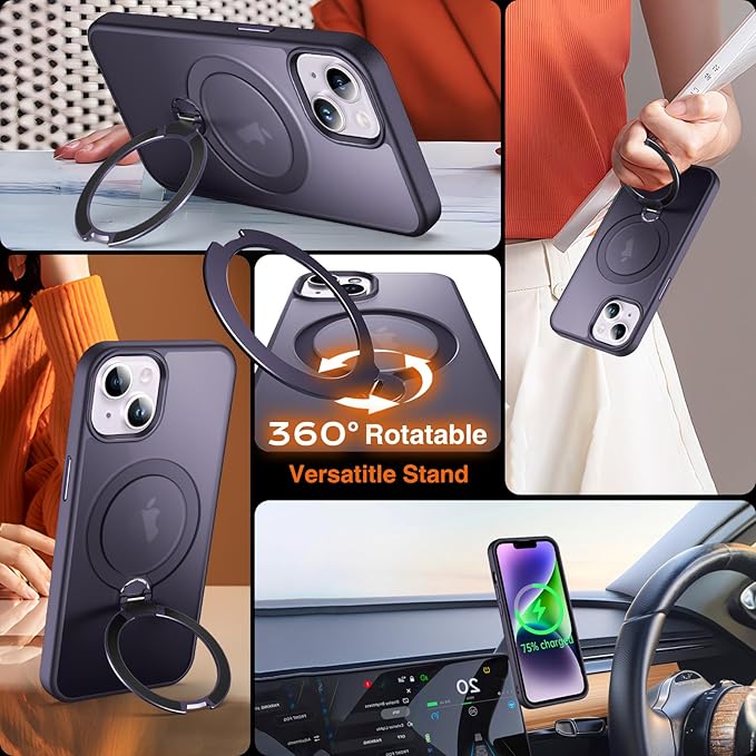 360° O-Ring MagStander for iPhone 13 Case, iPhone 14 Case with Magnetic Stand Ring Holder [Compatible with MagSafe][15FT Military Shockproof] Kickstand iPhone 13/14 Phone Cover Matte Purple