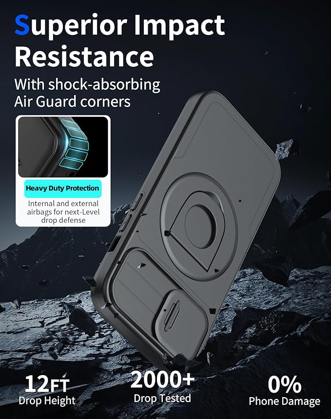 for iPhone 13 Pro Max Case Compatible with MagSafe Magnetic,with 2 Screen Protector,with Camera Cover&360°Kickstand Ring,Military Grade Drop Shockproof Heavy Duty Protection Phone Bumper Black