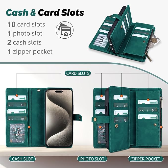 TwoHead Wallet Case Compatible with iPhone 15 Pro Max,Detachable Magnetic Phone Case,All-Round Shockproof Protective Leather Phone Case with Card Holder,6.7 in,Green