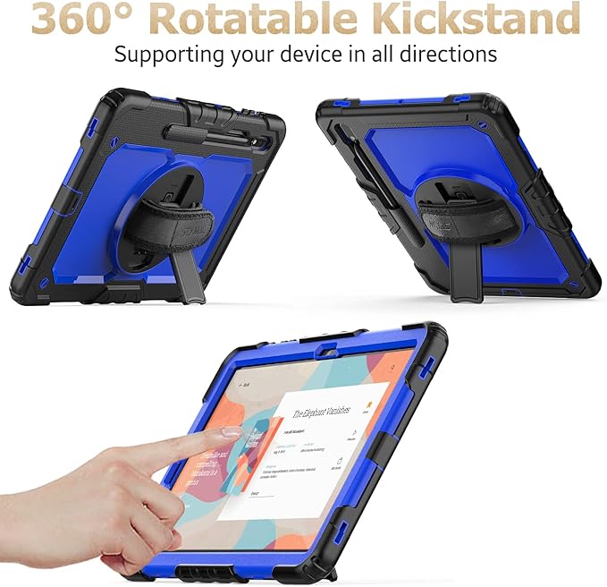 SEYMAC stock Case for Samsung Galaxy Tab S7 FE / S8 Plus 5G Case 12.4'' with Screen Protector Pencil Holder [360 Rotating Hand Strap] &Stand, Drop-Proof, Blue/Black