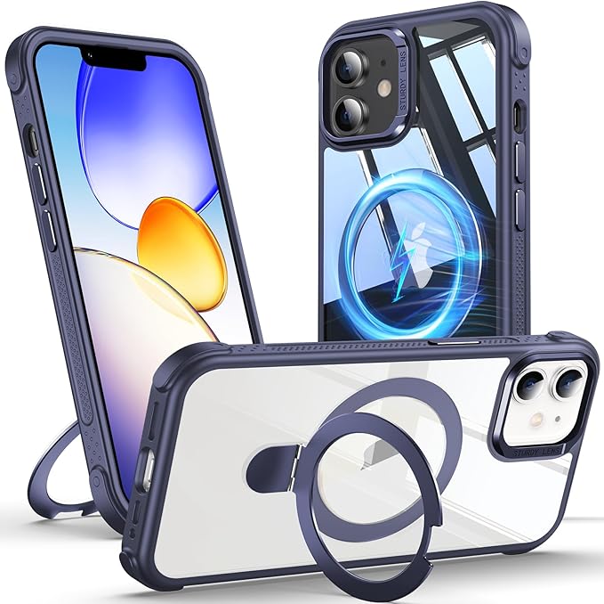 Anqrp O-Ring Magnetic Kickstand Clear Case for iPhone 12/12 Pro, Compatible with Mag-Safe, Military-Grade Reinforced 4-Corners Anti-Yellowing Transparent Phone Case Cover for iPhone 12/12 Pro, Blue