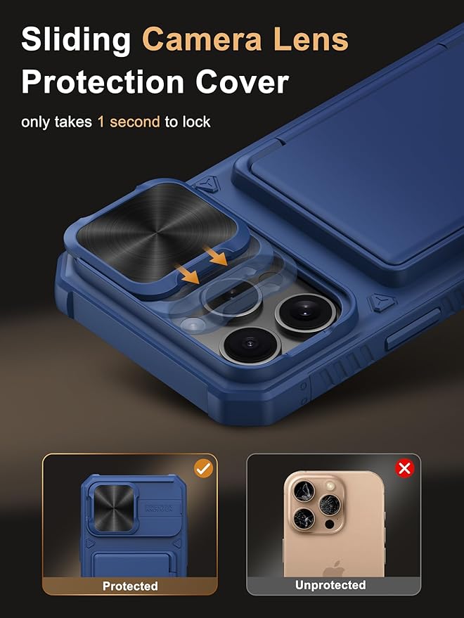 Vihibii for iPhone 16 Pro Max Wallet Case with Card Holder (4 Cards) [RFID Blocking] & Slide Camera Cover & Raised Edges Protect Screen, Shockproof Rugged Cover for iPhone 16 Pro Max, 6.9", Blue