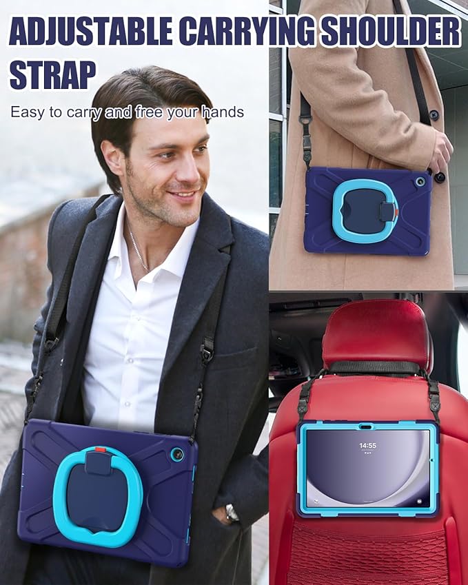 BRAECN Case for Samsung Galaxy Tab A9+ Plus Case 11 Inch 2023 SM-X210/X216/X218, Heavy Duty Silicone Cover with 360 Degree Rotating Stand, Screen Protector, Shoulder Strap, Stable Kickstand, Navy Blue