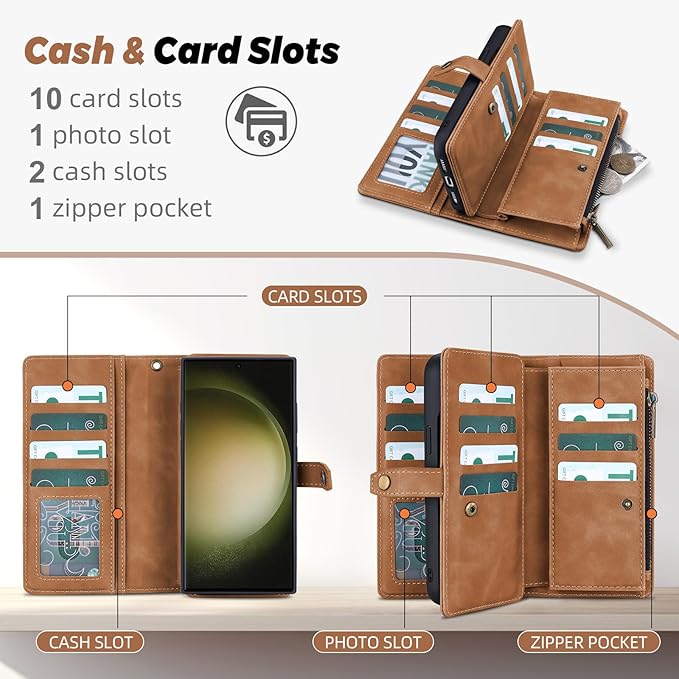 TwoHead for Samsung Galaxy S23 Ultra Wallet Case with Card Holder & Detachable Magnetic Phone Case for Galaxy S23 Ultra,PU Leather Shockproof Protective Phone Cover Wallet(6.8 in,Brown)