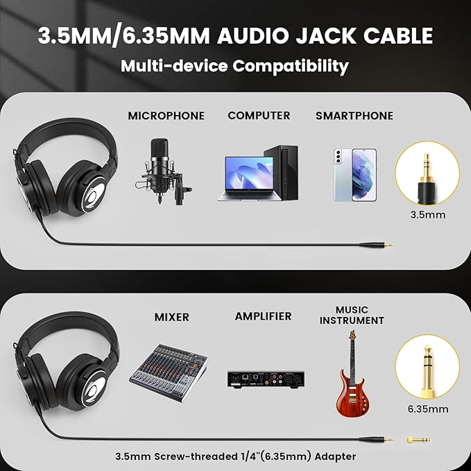 Wired Over Ear Headphones Studio Monitor Podcast Closed Back Headsets with 50mm Neodymium Drivers and 1/4 to 3.5mm Jack for AMP Computer Recording Mixing DJ Guitar Keyboard Laptop - Black