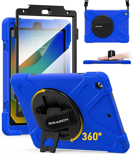 BRAECN for iPad 9th/8th/7th Generation Case, iPad 10.2 inch Heavy Duty Rugged Case with Built in Screen Protector, Hand Strap, Swiveling Stand/Shoulder Straps for iPad 10.2 2021/2021/2019-Blue