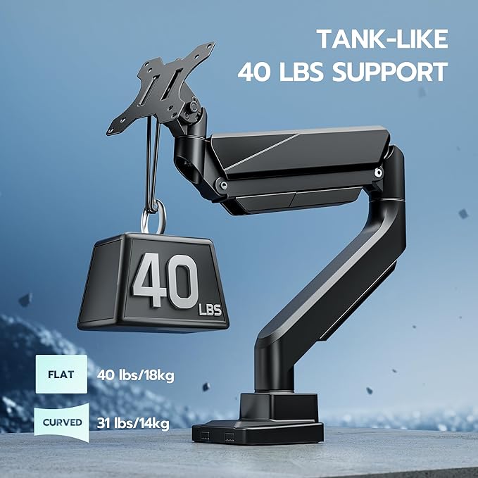 ARES WING Ultrawide Monitor Arm, Heavy Duty Single Monitor Mount for 13"-49" Curved Screens, Adjustable Stand for Desk with C-clamp & Grommet Base up to 40 LBS, Black