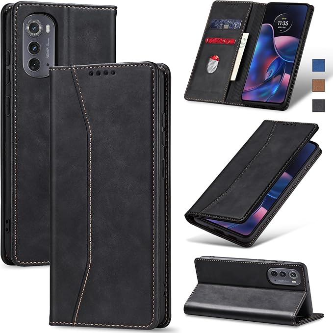 Jasonyu Flip Wallet Case for Motorola Edge (2022) Moto,Leather Magnetic Folio Cover with Card Holder,Kickstand - TPU Shockproof Durable Protective Phone Case,Black