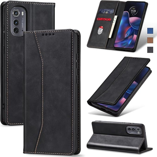 Jasonyu Flip Wallet Case for Motorola Edge (2022) Moto,Leather Magnetic Folio Cover with Card Holder,Kickstand - TPU Shockproof Durable Protective Phone Case,Black