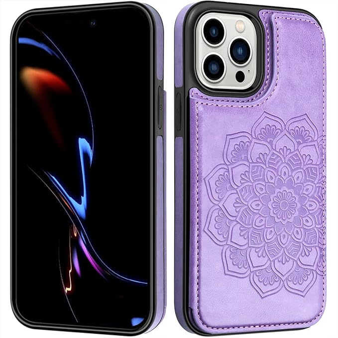 MMHUO for iPhone 14 Pro Case with Card Holder,Flower Magnetic Buttons Protective Wallet Case for Women for iPhone 14 Pro,Purple