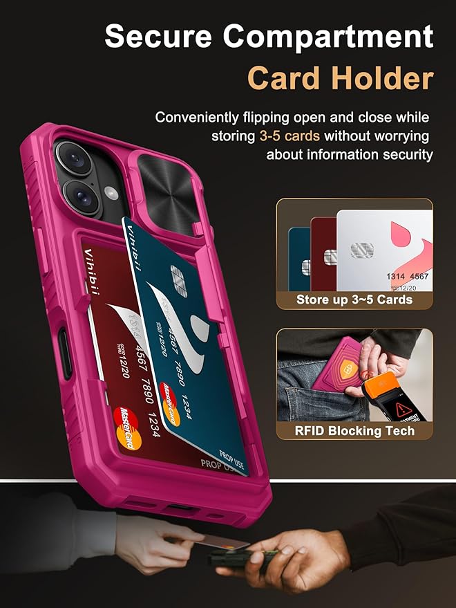Vihibii for iPhone 16 Case Wallet with Card Holder (4 Cards) [RFID Blocking] & Slide Camera Cover & Raised Edges Protect Screen, Shockproof Rugged Phone Cover for iPhone 16 6.1" 2024, Pink