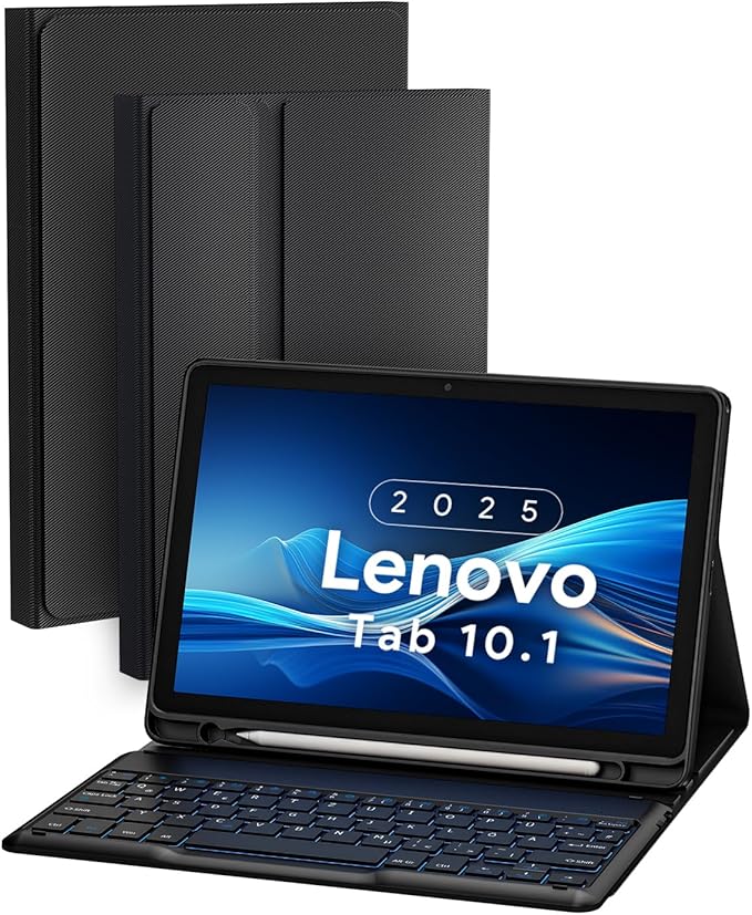 Keyboard Case for Lenovo Tab 10.1" 2025 (TB311FU / TB311XU), Wireless Keyboard with Twill Cover Case & Pen Slot & Adjustable Stand & Backlit Keys, Lenovo Tab 10.1 inch Keyboard