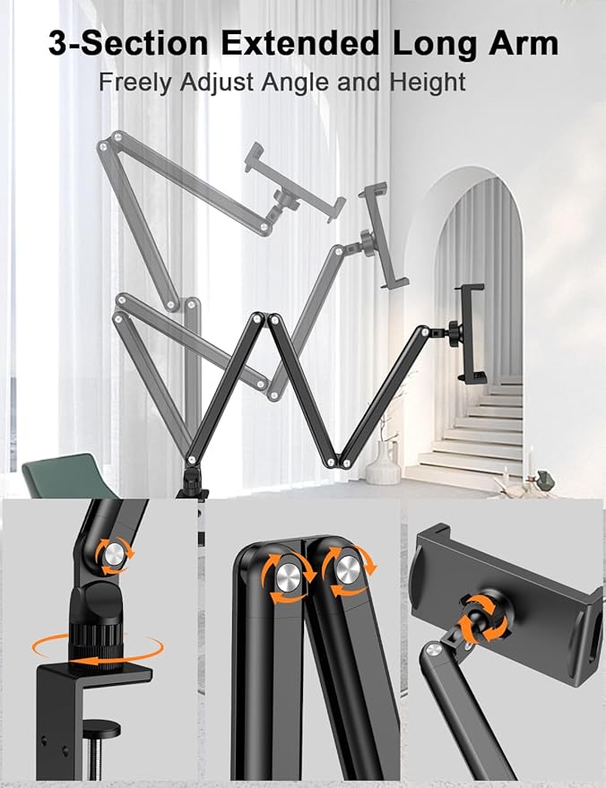 Adjustable Aluminum Tablet Stand, Foldable Arm for Desk/Bed, 360° Rotation, Compatible with iPad Pro 12.9/11, Air, Mini, Samsung Tabs, Nintendo Switch, 5.1''-15.9'' Devices - Sturdy & Portable