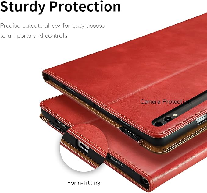 Samsung Galaxy Tab S10 Plus Case - 12.4 inch PU Leather Business Cover with Card Slot and Pen Holder for X820/X810/X800/T970 - Red
