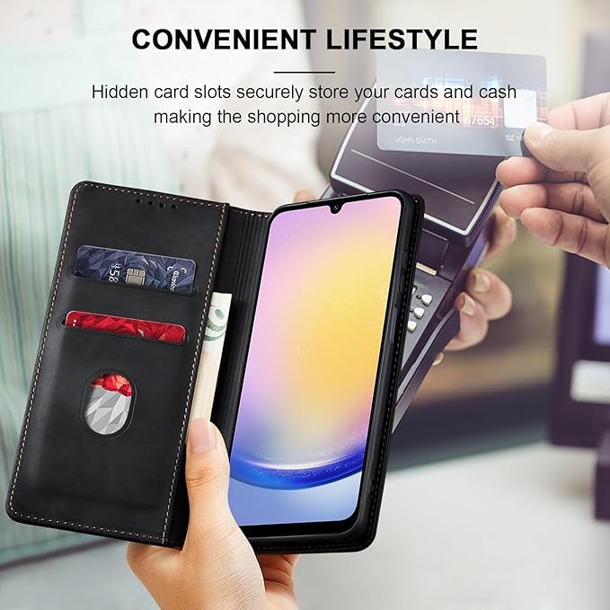 Jasonyu Flip Wallet Case for Samsung Galaxy A25 5G,Leather Magnetic Folio Cover with Card Holder,Kickstand - TPU Shockproof Durable Protective Phone Case,Black