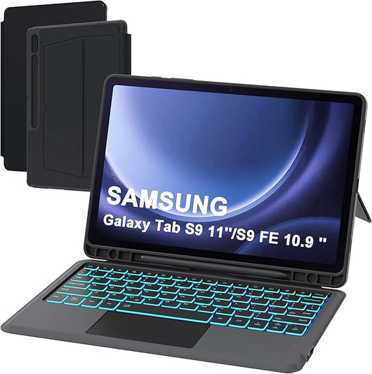 for Samsung Galaxy Tab S10 Lite/S9 FE 10.9" /S10 FE 10.9 inch/Tab S9 11 inch Case with Keyboard - 7 Color Backlit Tablet Cover with Touchpad - Magnetic Detachable Keyboard with S Pen Holder Black