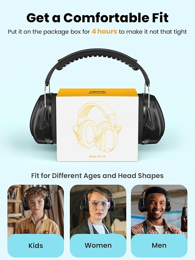 Dr.meter Hearing Protection Ear Muffs, 31dB Noise Reduction Safety Earmuffs with Adjustable Headband for Adults Kids Autism Sensory, Ear Muff for Yard Work, Mowing or Hunting -Pure Black 2PACK