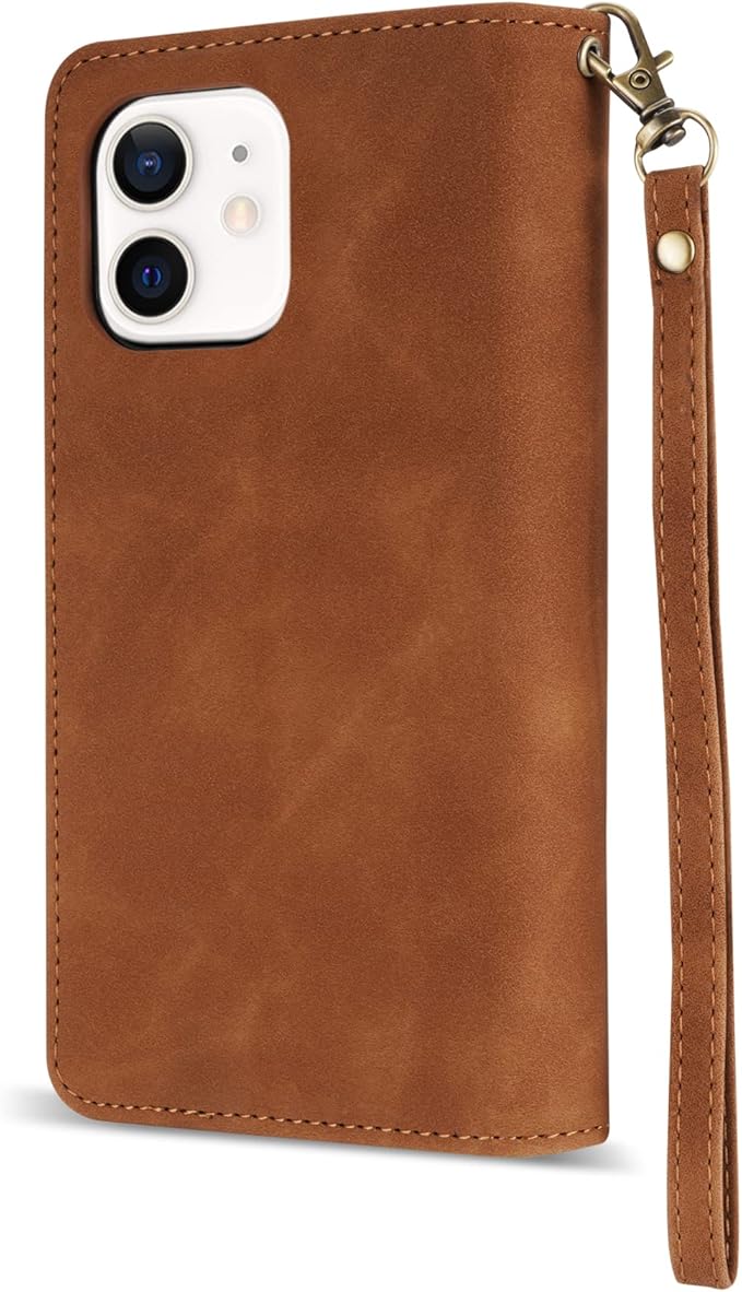 ZZXX for iPhone 12 Mini Wallet Case with Card Slot Premium Soft PU Leather Zipper Flip Folio Wallet with Wrist Strap Kickstand Protective for iPhone 12 Mini Case Wallet(Brown 5.4 inch)