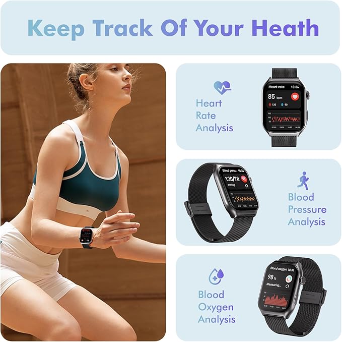 YMS Android Smart Watch for Women - 2.0",IP68 Waterproof Fitness Watches Bluetooth Call (Answer/Call),Heart Rate/Sleep/Pressure/Steps Monitor, Android & iOS,100+ Sports Trackers (Black(Milanese))