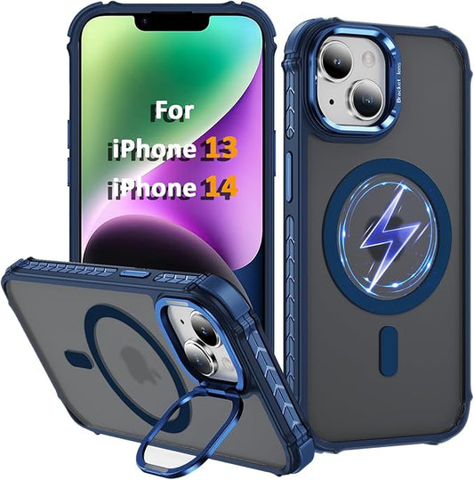 Magnetic for iPhone 14 Case/iPhone 13 Case Blue with MagSafe Wireless Charging Military-Grade Shockproof Protection Adjustable Kickstand Slim Matte Anti-Fingerprint Cover Men Women