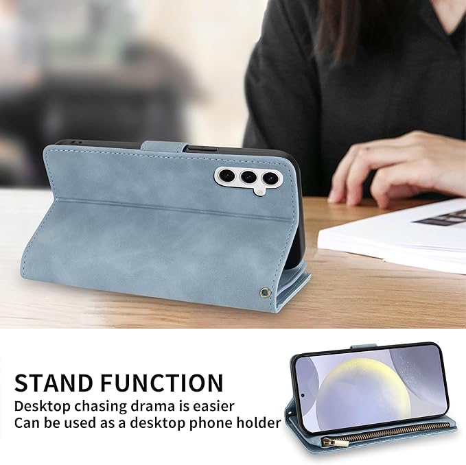 ZZXX for Samsung Galaxy S24 Plus Wallet Case with RFID Blocking Card Slot PU Leather Zipper Flip Folio with Strap Kickstand Protective Cover for Samsung Galaxy S24+ Case Wallet(Light Blue-6.7 inch)