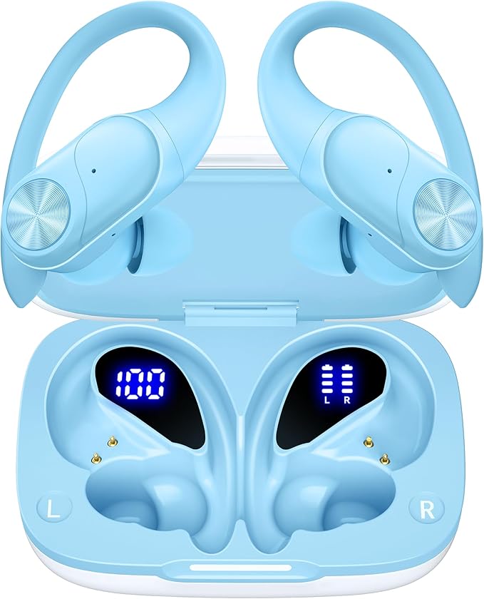 PocBuds Bluetooth Headphones Wireless Earbuds 80hrs Playtime Wireless Charging Case Digital Display Sports Ear Buds with Earhook Deep Bass IPX7 Waterproof Over-Ear Earphones for TV Phone Laptop Blue