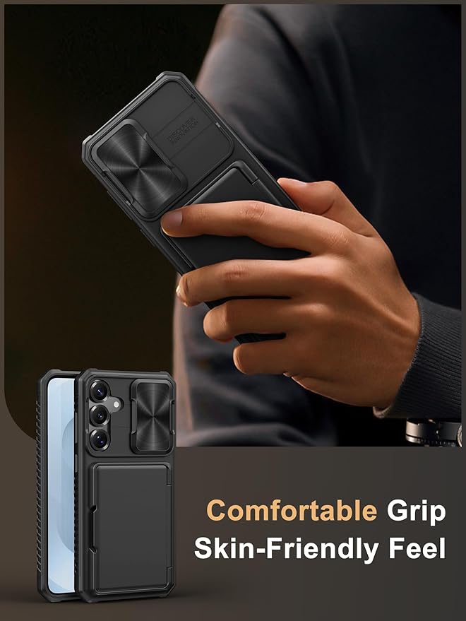 Vihibii for Samsung Galaxy S25+ Plus Case with Card Holder (4 Cards), [RFID Blocking] & Slide Camera Cover & Military Grade Drop Protection, Rugged Silicone Edge Wallet Case for Galaxy S25 Plus, Black