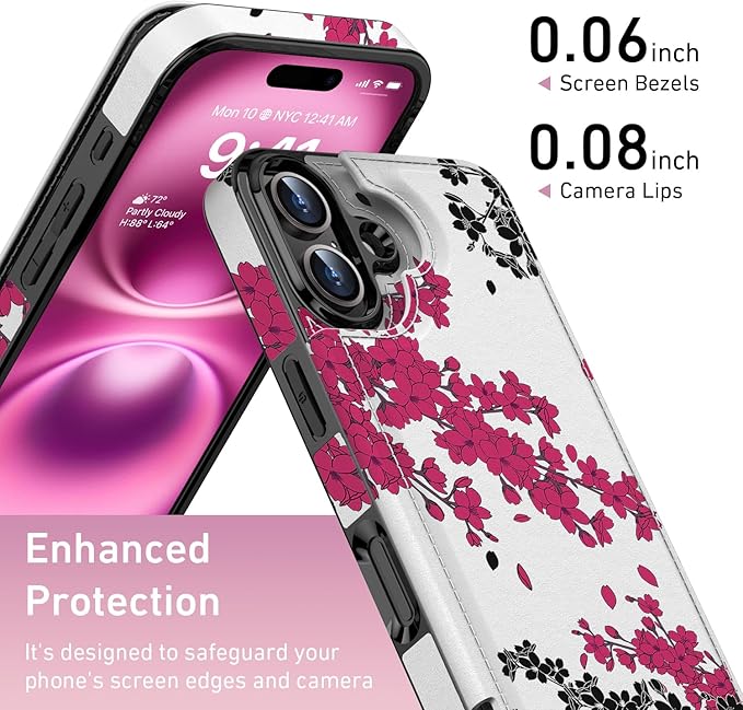 FUNMIKO for iPhone 16 Wallet Case with Card Holder, RFID-Blocking, Military-Grade Protection & UV-Printed Artwork, Magnetic Closure with Leather Kickstand - Dramatic Blossom Drift