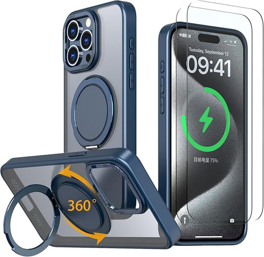 Magnetic Stand Case for iPhone 14 Pro [with 2 Tempered Glass Film] [360° Rotation Magnetic Stand] [Compatible with Magsafe] Military-Grade Drop Protection Case, Blue