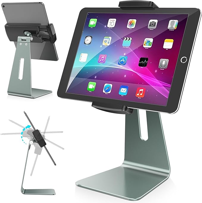 AboveTEK Elegant Tablet Stand, Aluminum Holder for 7-13 inch Tablets, Desktop Kiosk POS Stand Compatible w/iPad Pro Air Mini, Galaxy Tab, Tablet Mount for Store Office Reception Kitchen (Gray)