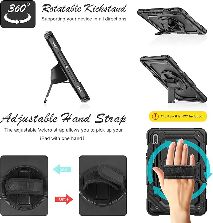 Case for Samsung Galaxy Tab S8/S7 11-inch 5G Tablet Case 2022/2020, [with Tempered Glass Screen Protector],360° Rotating Kickstand/Hand & Shoulder Strap/S Pen Holder (Black)