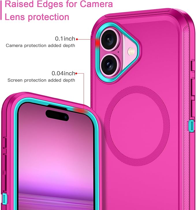 for iPhone 16 Plus Case [Compatible with MagSafe] Shockproof 3-Layer Full Body Protection [Without Screen Protector] Rugged Heavy Duty Cover Case for Apple iPhone 16 Plus 6.7",Rose Red/Green