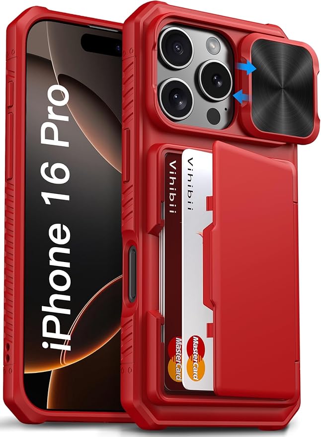 Vihibii for iPhone 16 Pro Wallet Case with Card Holder (4 Cards) [RFID Blocking] & Slide Camera Cover & Raised Edges Protect Screen, Shockproof Rugged Phone Cover for iPhone 16 Pro 5G 6.3" 2024, Red