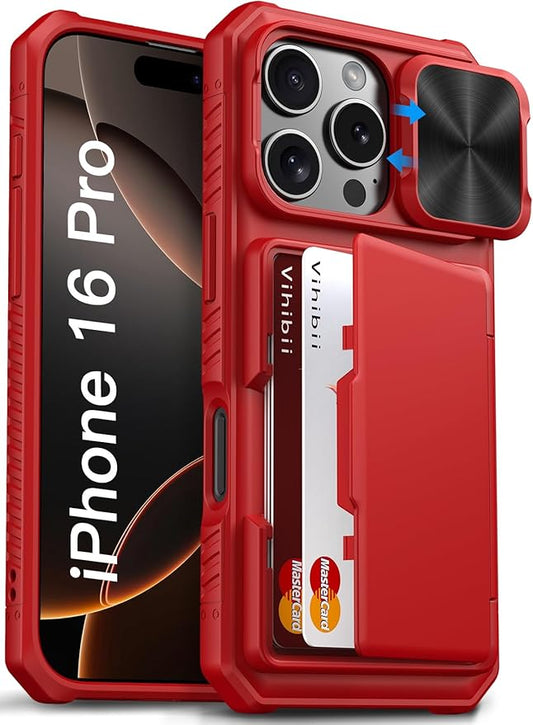 Vihibii for iPhone 16 Pro Wallet Case with Card Holder (4 Cards) [RFID Blocking] & Slide Camera Cover & Raised Edges Protect Screen, Shockproof Rugged Phone Cover for iPhone 16 Pro 5G 6.3" 2024, Red
