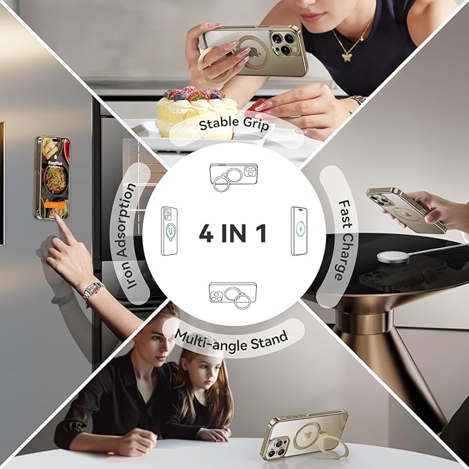 CASEKOO Titanium 360° Rotatable Magnetic Stand for iPhone 15 Pro Case [Compatible with Magsafe][16FT Military Protection] Slim 15 Pro with Kickstand Ring Phone Cover 6.1'', Antique Gold