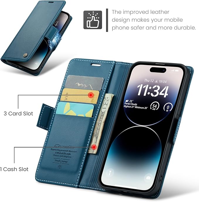 for iPhone 14 Pro Case, Premium PU Leather Wallet Case Flip Cover with [RFID Blocking][Card Holder][Stand Function] Shockproof Protective for iPhone 14 Pro 6.1 inch, Blue